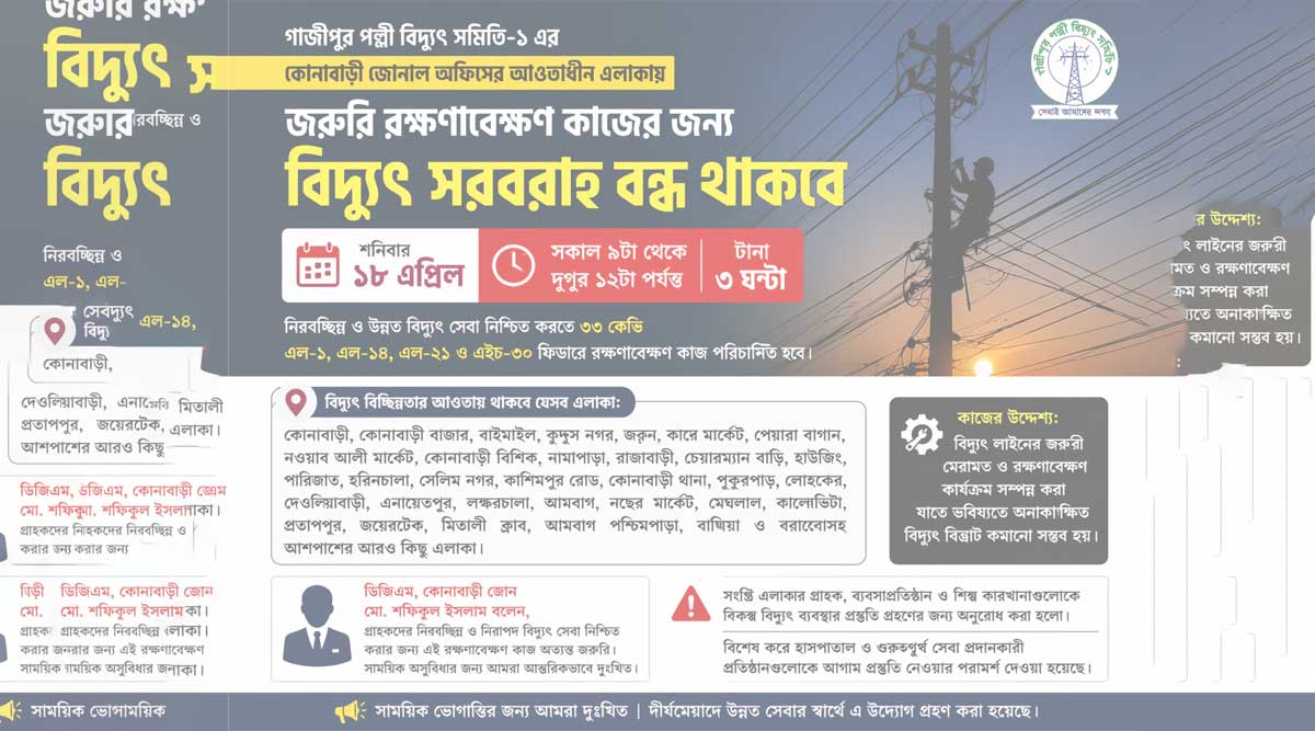 আজ কোনাবাড়ীতে লোডশেডিং: যেসব এলাকায় বিদ্যুৎ থাকবে না